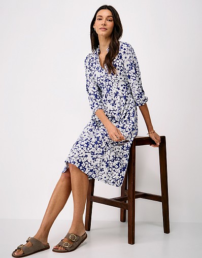 Olivia Tiered Jersey Dress in Navy and White Floral