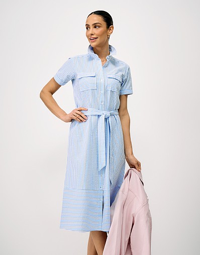 Kaya Seersucker Shirt Dress in Blue and White Stripes