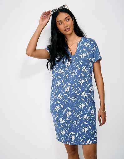 Notch Neck Jersey Dress in Blue and White Floral Print