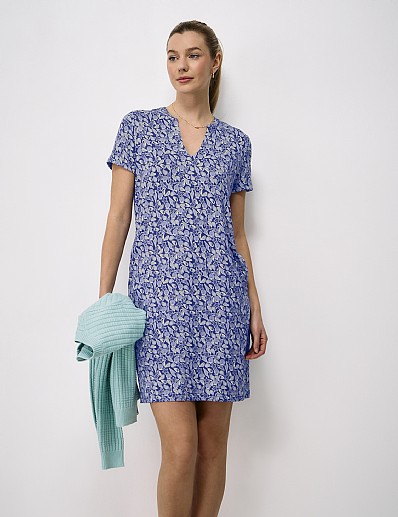 Notch Neck Jersey Dress in Blue and White Shell Print
