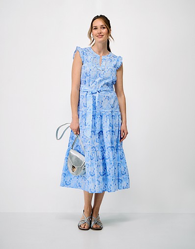 Stephanie Tiered Cotton Poplin Dress in Blue and White Floral