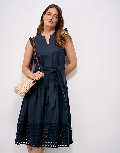 Tiered Cotton Poplin Dress in Navy