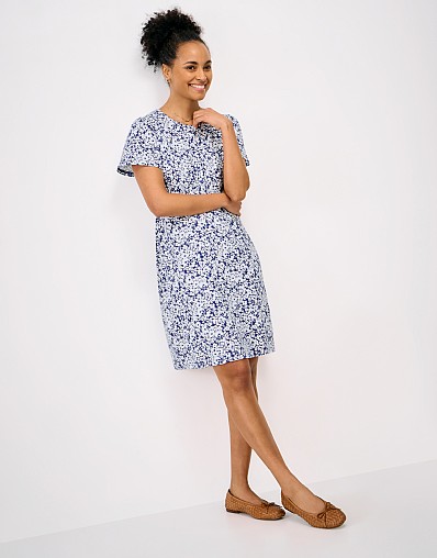 Jenna Flutter Sleeve Knee-Length Jersey Dress in Blue & White Floral Print