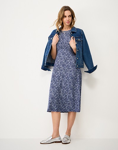 Jenna Flutter-Sleeve Jersey Dress in Blue Floral Print