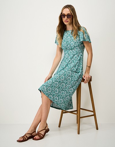 Jenna Flutter-Sleeve Jersey Dress in Green Floral Print
