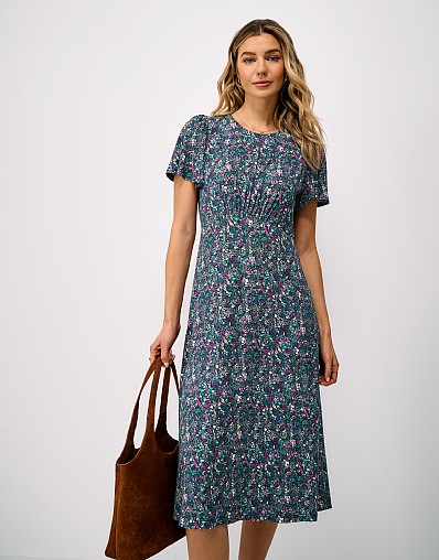 Jenna Flutter-Sleeve Jersey Dress in Navy Meadow Print