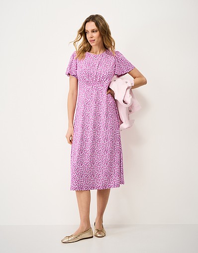 Jenna Flutter-Sleeve Jersey Dress in Pink Floral Print