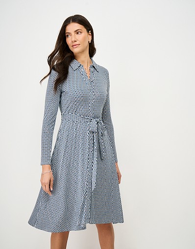 Emma Long-Sleeve Jersey Shirt Dress in Navy & White Geo Print