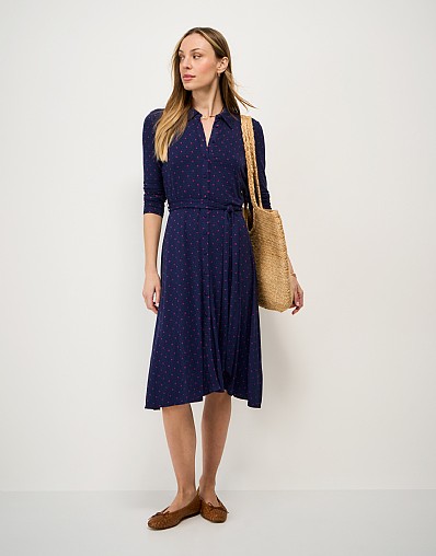 Emma Jersey Shirt Dress in Navy Spot
