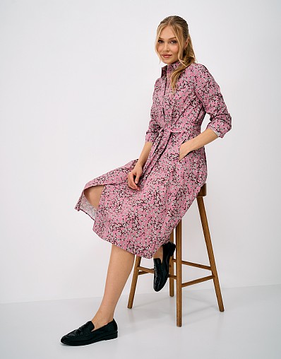 Eleanor Cotton Poplin Shirt Dress in Pink Blossom Print