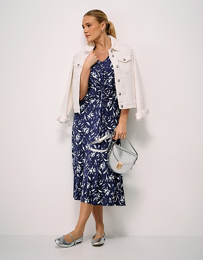 Flora Sleveless Twist Front Jersey Dress in Navy Floral