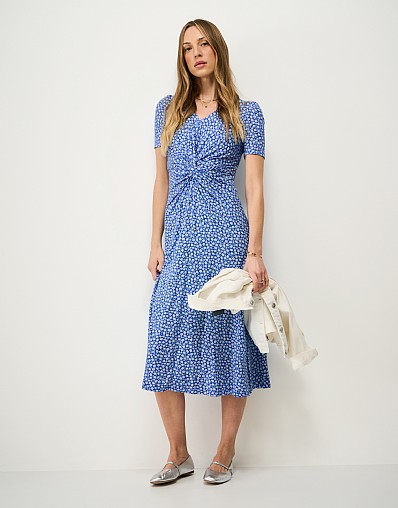 Flora Short Sleeve Jersey Dress in Blue Daisy