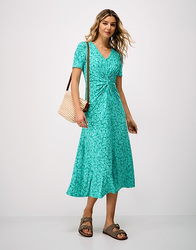 Flora Short Sleeve Jersey Dress in Green Ditsy