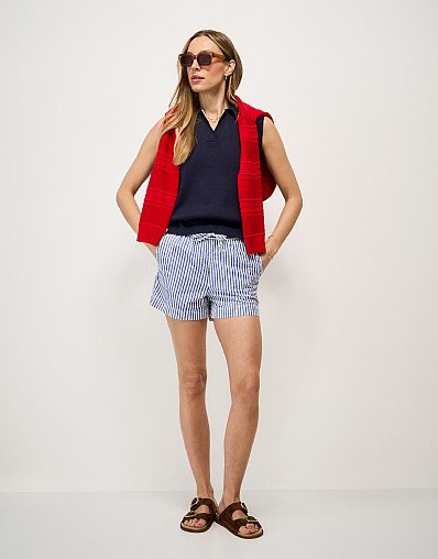 Cotton Seersucker Shorts in White and Blue Stripes