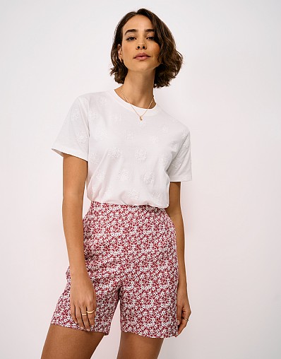 Viscose-Lyocell Shorts in Red and White Floral Print