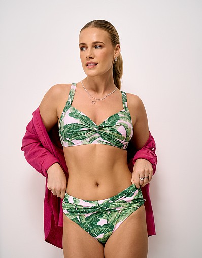 Cross Over Twist Bikini Bottoms in Green and Pink Palm Print