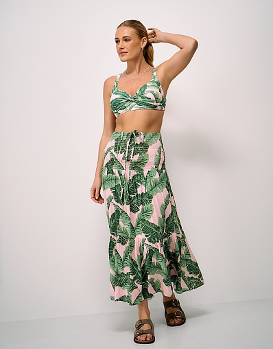 Palm Tree Printed Twist Front Bikini Top in Green and Pink
