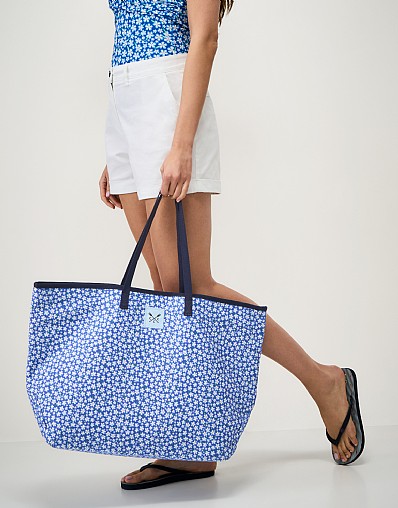 Oversized Canvas Beach Bag in Blue Daisy Print