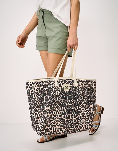 Oversized Canvas Beach Bag in Beige Leopard Print