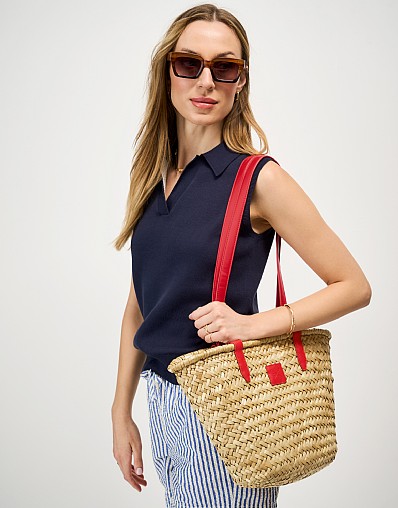 Straw Basket Bag in Neutral and Red
