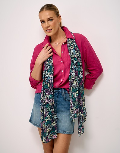 Modal Floral Meadow Print Scarf in Navy and Green