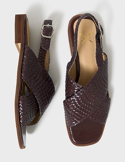 Woven Leather Cross-Over Sandals in Burgundy