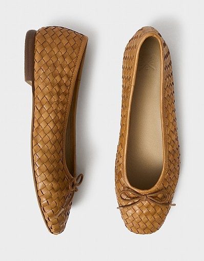 Woven Leather Ballet Flats in Tan