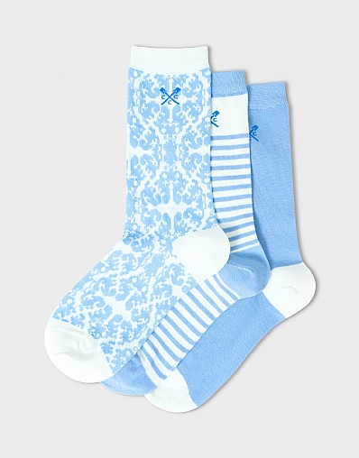 3 Pack Bamboo Sock in White & Blue Pottery Print