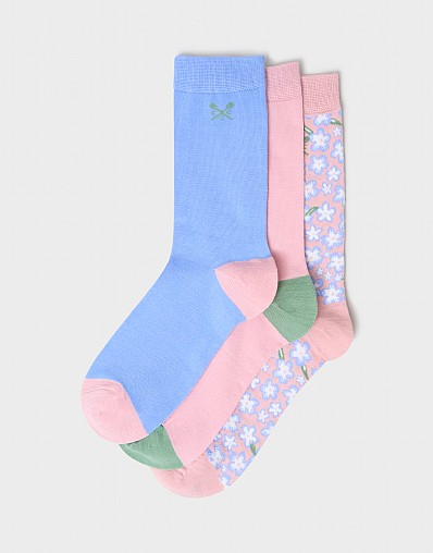 3 Pack Bamboo Sock in Pink & Blue Daisy Print