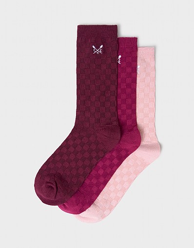 3 Pack Bamboo Sock in Pink Chequerboard Knit