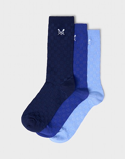3 Pack Bamboo Sock in Navy Chequerboard Knit