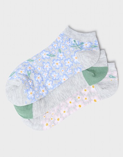 3-Pack Bamboo Trainer Socks in Grey Daisy Print