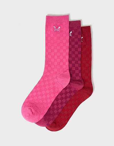 3 Pack Bamboo Sock in Berry Chequerboard Knit