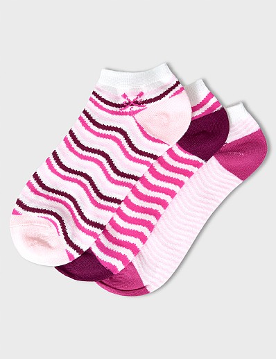 3 Pack Bamboo Trainer Socks in Pink Wavy Stripes