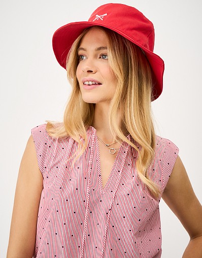 Embroidered Cotton Twill Bucket Hat in Red