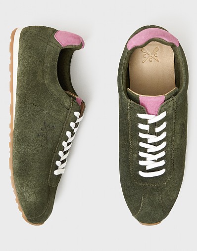 Suede Leather Slim Trainer in Olive Green